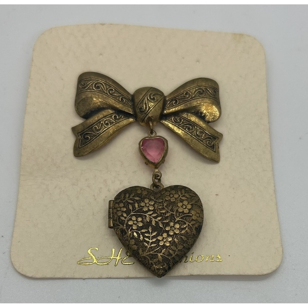 Vintage NWT Gold Tone Bow Dangle Heart Locket Brooch Pin Photo SHE Fashions